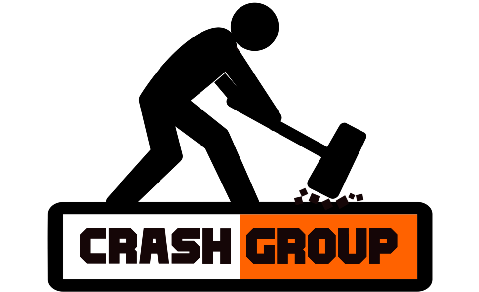 Crash Group Oy Logo, jossa tikku-ukko lyö lekalla tekstiä Crash Group