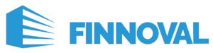 Finnoval, logo jossa yrityksen nimi ja kuvake taivaansinisellä tekstillä.