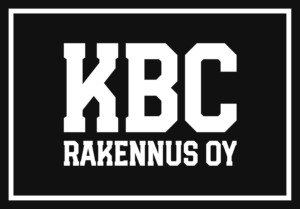 KBC Rakennus Oy:n logo valkoinen teksti mustassa suorakulmiossa.